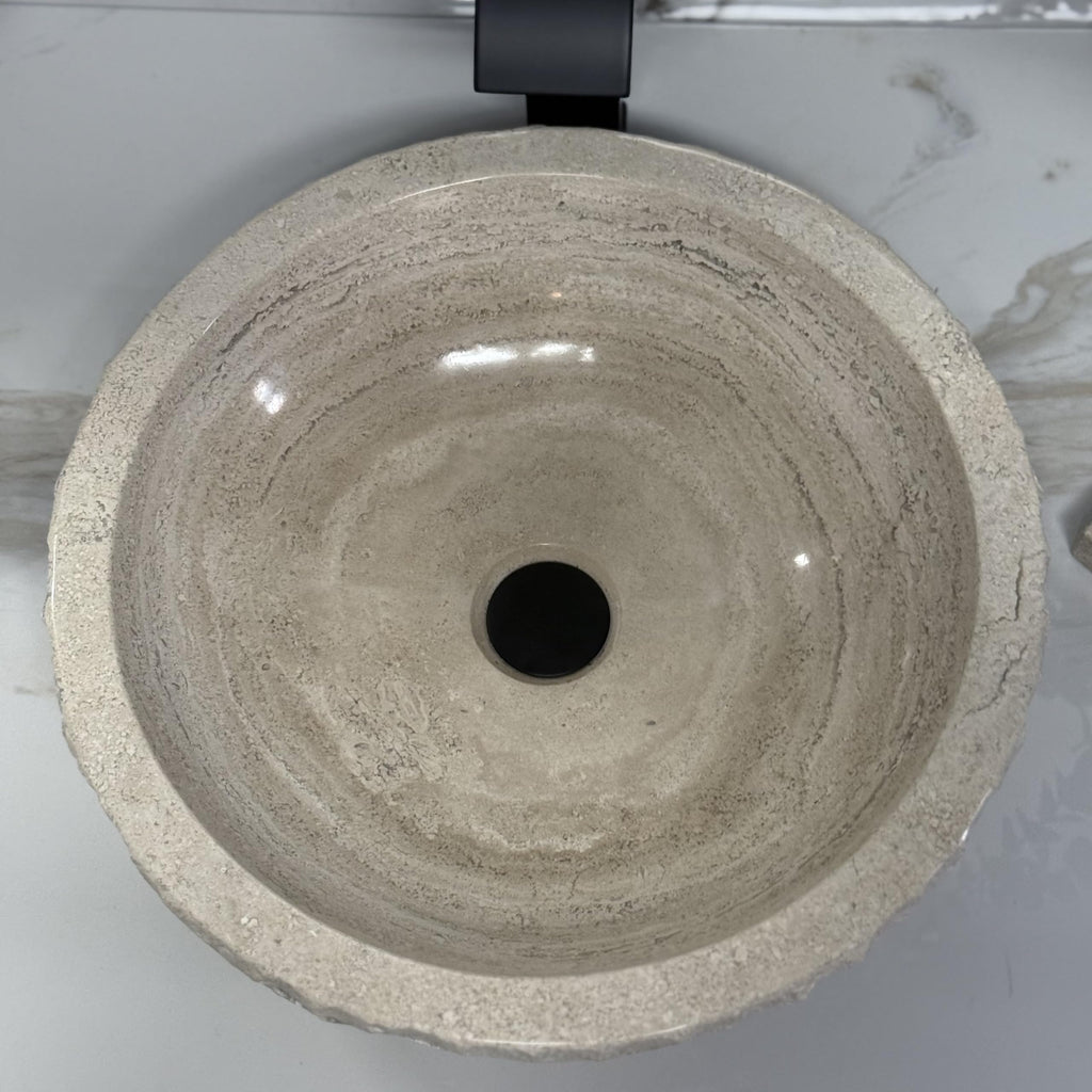 Oval Travertine Vessel Sink â Natural Stone Wash Basin, Hand-Carved Bathroom Sink with Chiseled Exterior & Polished Interior, Above Counter Vanity Basin (Includes Matching Soap Tray)