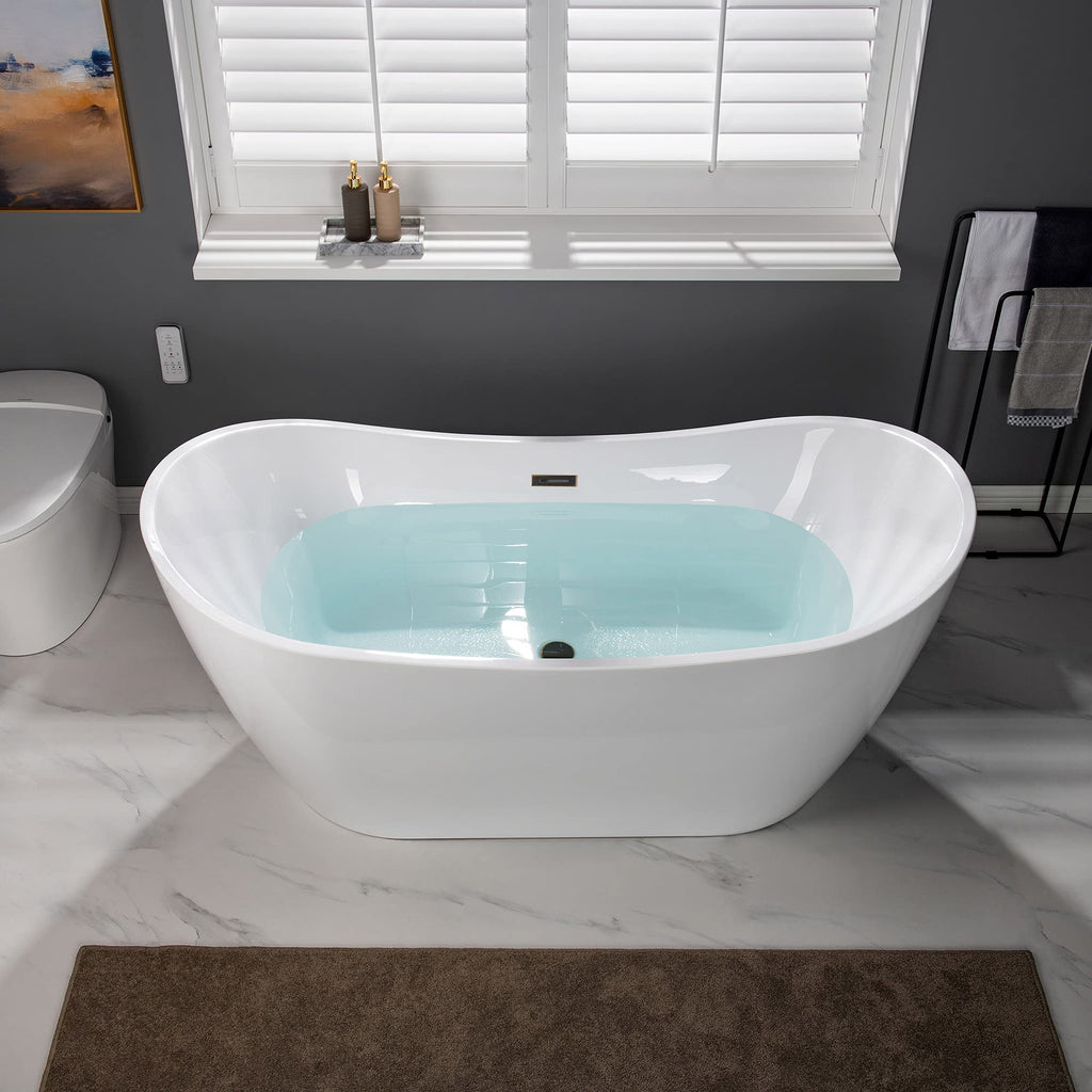 WOODBRIDGE 71" Acrylic Freestanding Bathtub Contemporary Soaking White Tub with Brushed Gold Overflow and Drain,B0017-BG