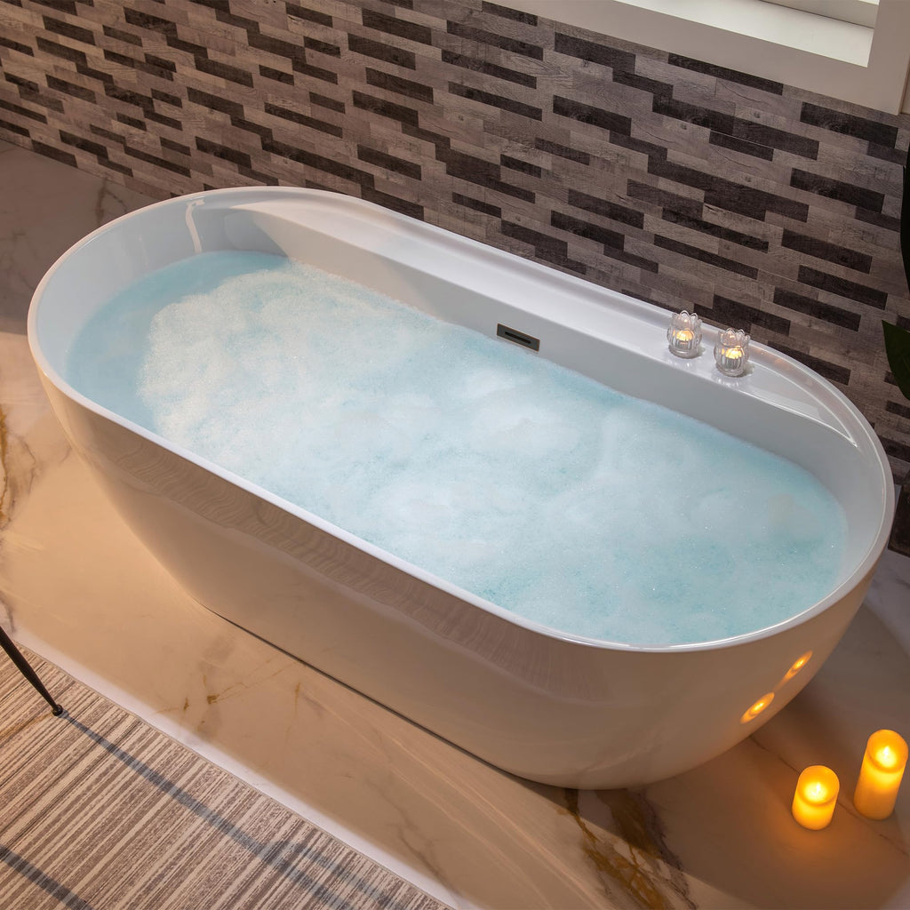 WOODBRIDGE 72" Acrylic Freestanding Bathtub Contemporary Soaking White Tub with Brushed Nickel Overflow and Drain,B0059BN