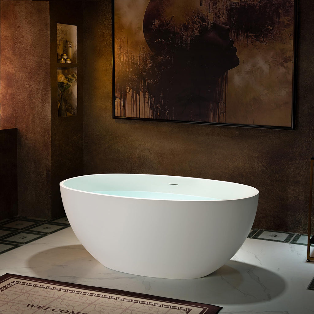 WOODBRIDGE 61" Stone Resin Freestanding Soaking Tub, Modern Oval Solid Surface Bathtub with Integrated Slotted Overflow & Drain, Matte White
