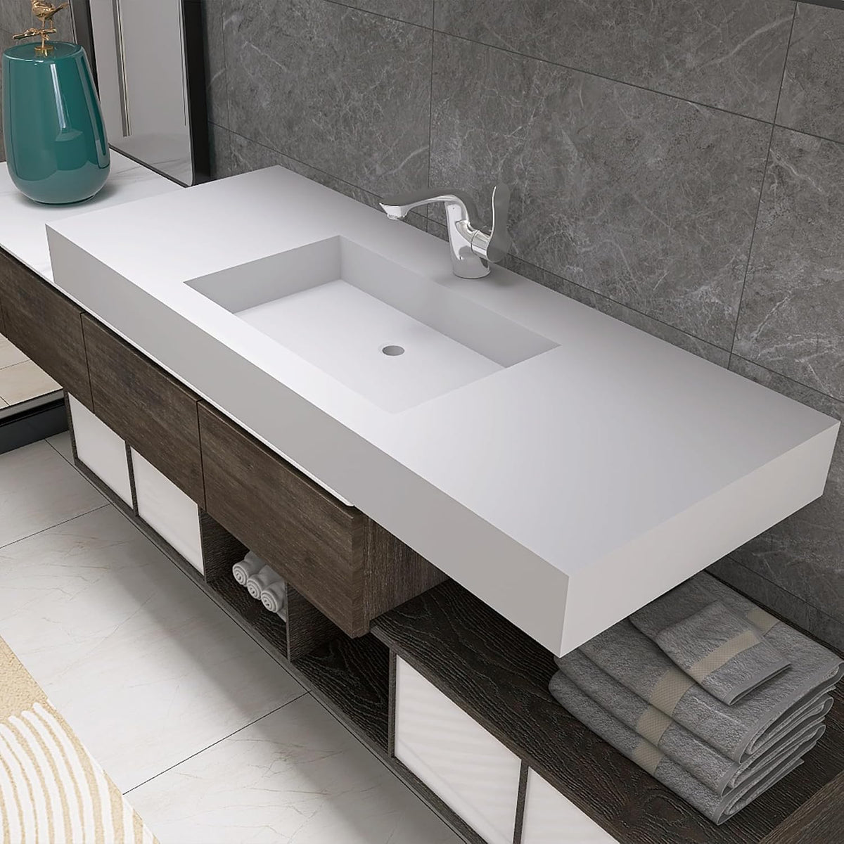 47" Wall Mount Sink, Artificial Stone Bathroom Sink, Single Hole