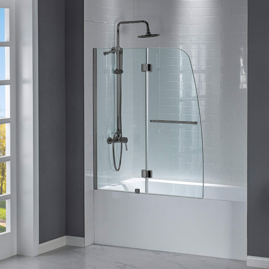 Woodbridge Frameless Hinged Bathtub Shower, 5/16" Tempered Panel, 48" W x 58" H Tub Glass Door in Matte Black Finish, Include Support Bar