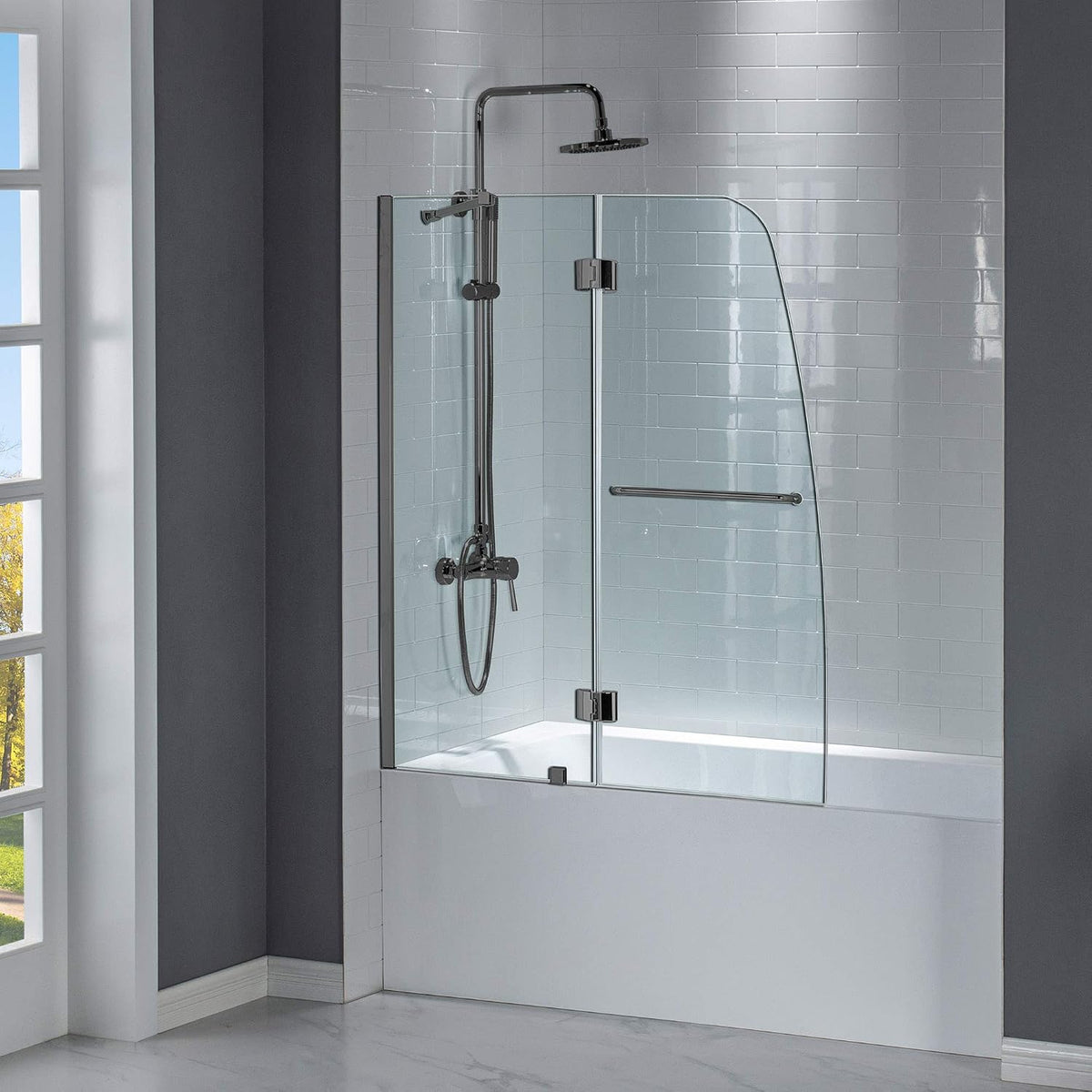 Woodbridge Frameless Hinged Bathtub Shower, 5/16" Tempered Panel, 48" W x 58" H Tub Glass Door in Matte Black Finish, Include Support Bar