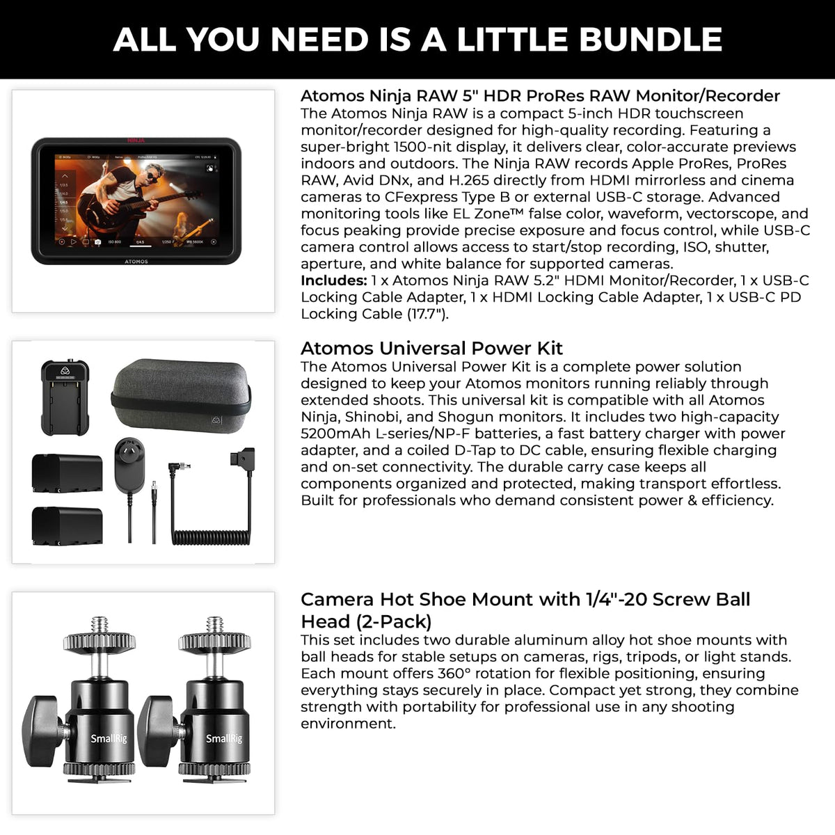 Atomos Ninja 5.2" 4K HDMI Recording Monitor 5" Accessory Kit (Version II) for Select Shinobi and Ninja Monitors, Swivel and Tilt Adjustable Monitor Mount Bundle Set