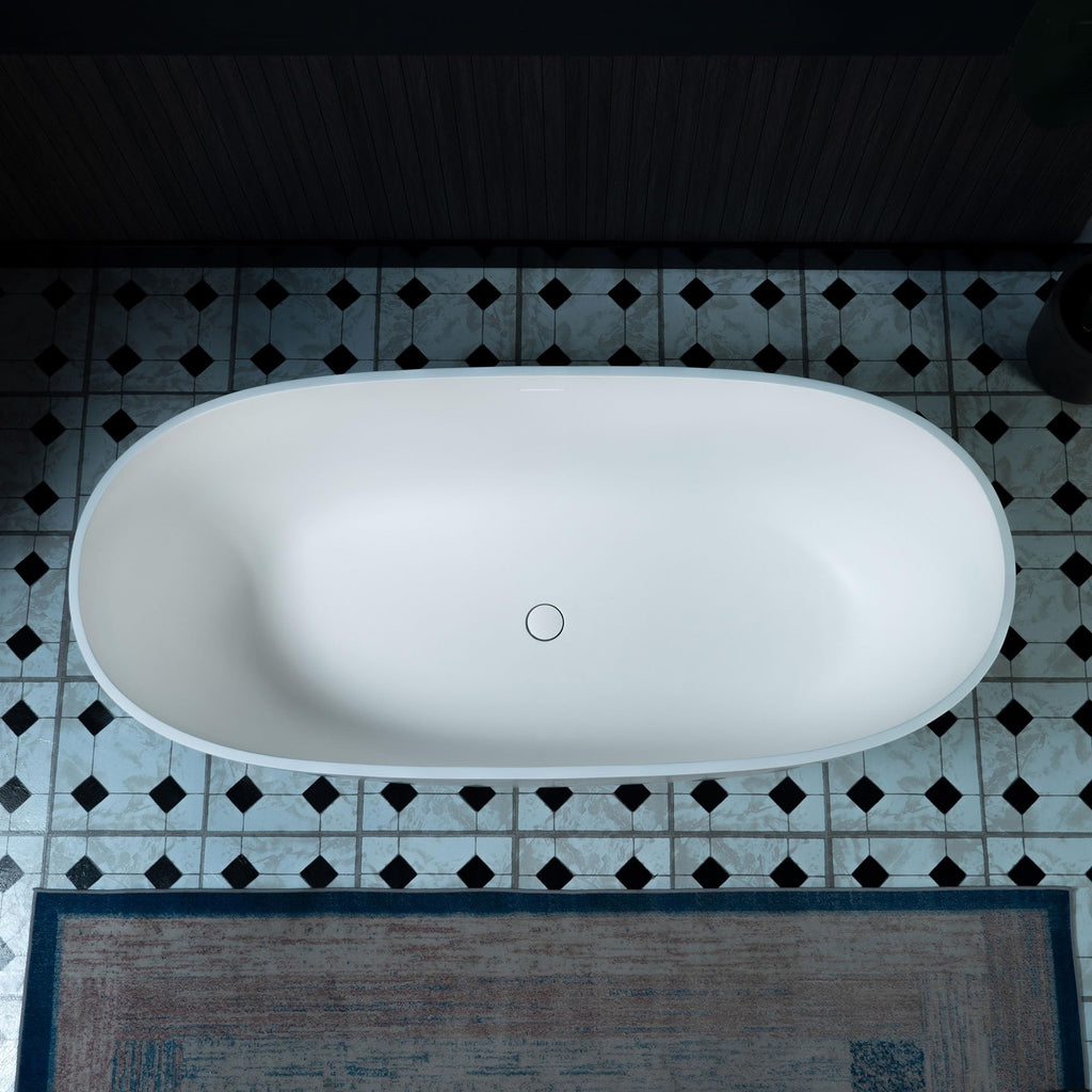 WOODBRIDGE 59" Stone Resin Freestanding Soaking Tub, Modern Oval Solid Surface Bathtub with Integrated Slotted Overflow & Drain, Matte White, B0055