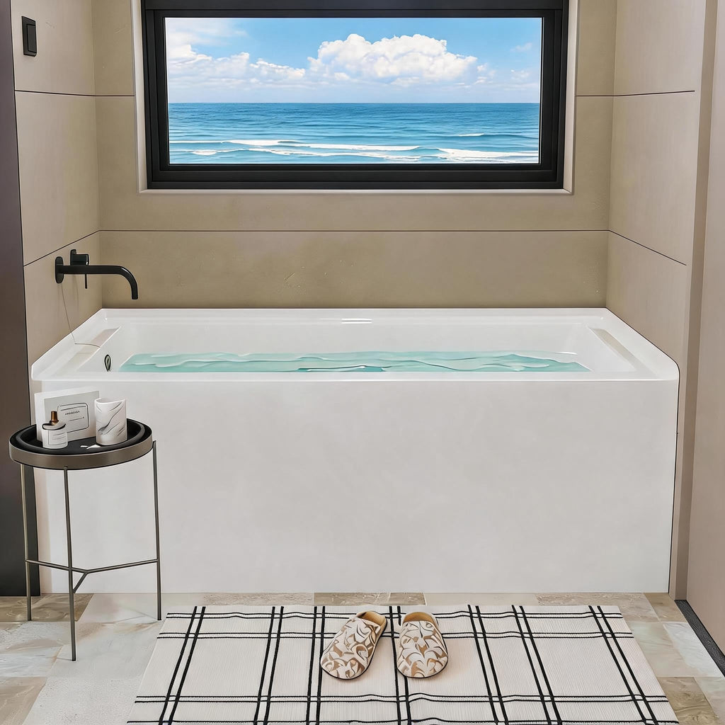 49" Acrylic Freestanding Bathtub - Japanese Square Soaking Tub with Built-in Seat & Toe-Tap Drain, Glossy White Finish, CUPC Certified