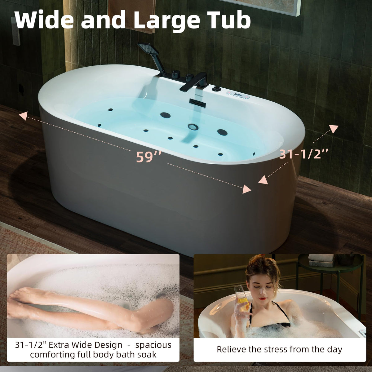 WOODBRIDGE 59"Ã31-1/2" Compact Whirlpool & Air, Heated Bathtub with Faucet