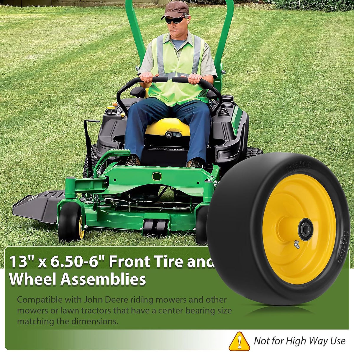 2 Pcs 13x6.50-6 Lawn Mower Tires Flat Free with 3/4" 1/2" 5/8" Bearings