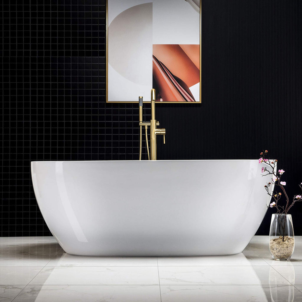 WOODBRIDGE 59"Freestanding White Acylic Soaking Bathtub with Brushed Nickel Drain and Overflow,BTA1518 -B/N-Drain &O
