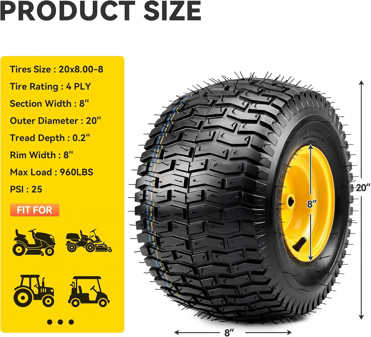 YITAMOTOR 20x8.00-8 Tubeless Lawn Mower Tire & Wheel Assemblies