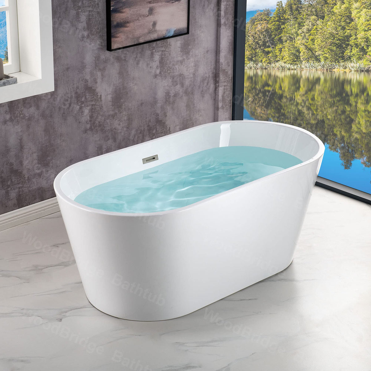 WOODBRIDGE 54" Acrylic Freestanding Bathtub Contemporary Soaking White Tub with Brushed Gold Overflow and Drainï¼BTA1702-BG