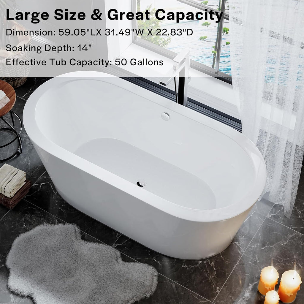 Empava Bathtub, 59" Soaking Tub with Center Drain and Overflow