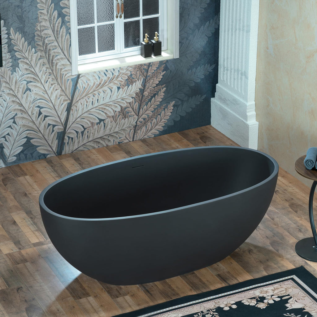 WOODBRIDGE 61" Stone Resin Freestanding Soaking Tub, Modern Oval Solid Surface Bathtub with Integrated Slotted Overflow & Drain, Matte White