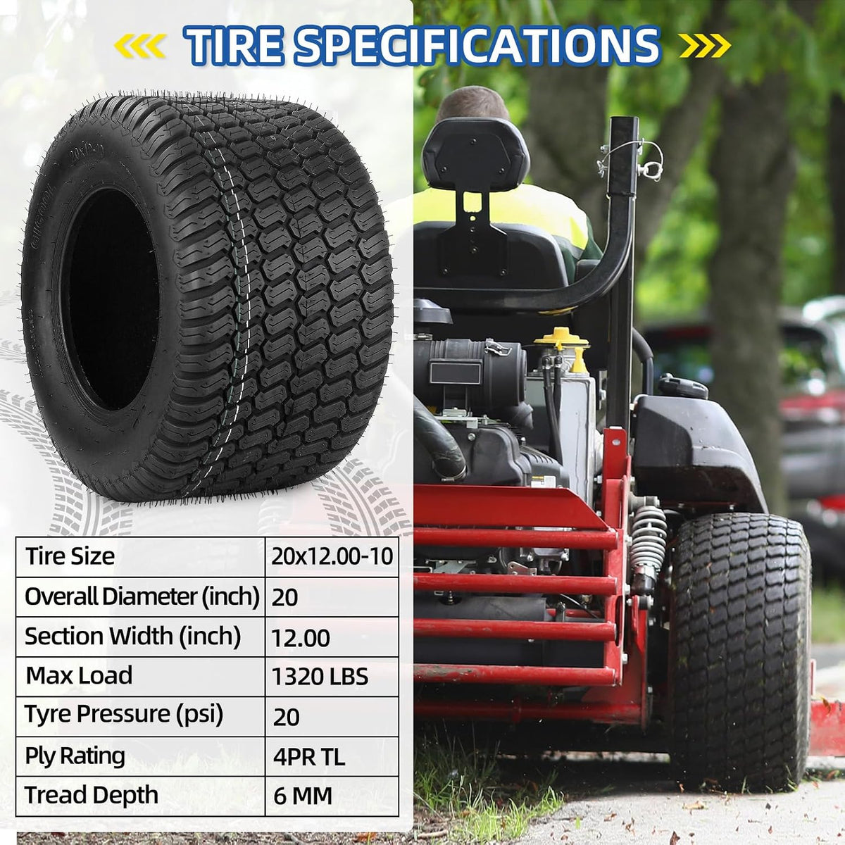 GICOOL 20x12.00-10 Tubeless Lawn Mower Tire for Riding Mower Tractor, 4Ply
