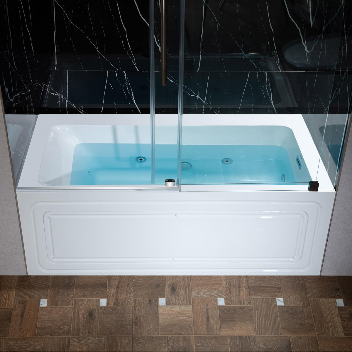 WOODBRIDGE 60" x 32" Alcove Acrylic Rectangular Whirlpool Heated Jetted Tub in White with Left Drain, Matte Black Finish, BS429-L-MB02