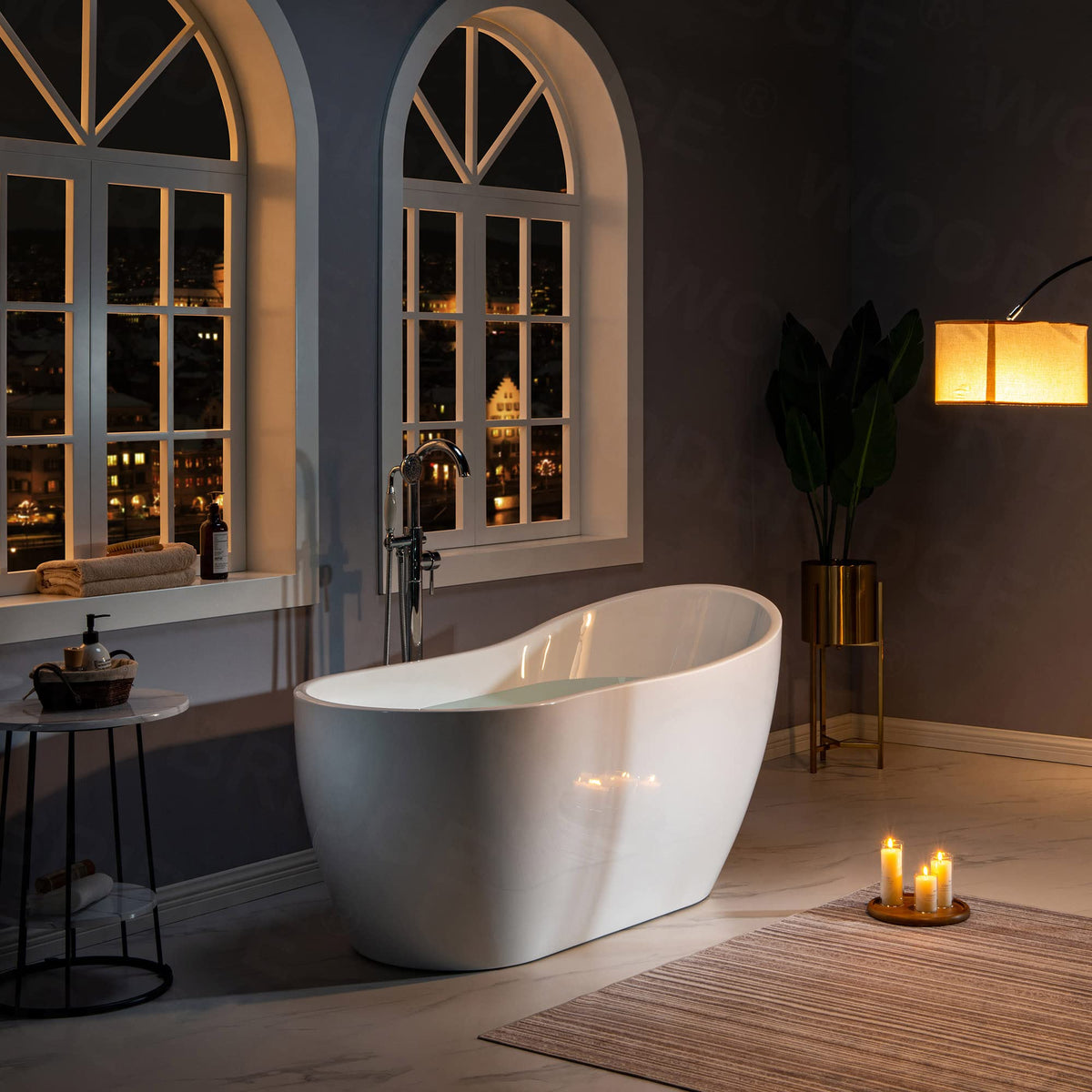 WOODBRIDGE 59" Acrylic Freestanding Bathtub Contemporary Soaking White Tub with Brushed Nickel Overflow and Drainï¼B-1530 -B/N-Drain &O