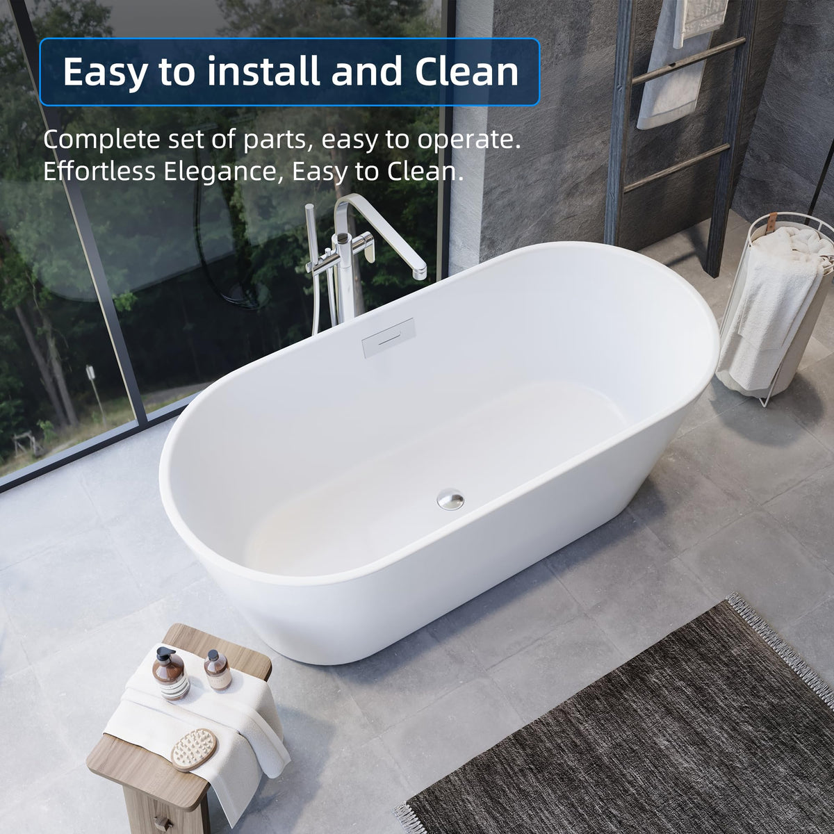 59" Acrylic Freestanding Bathtub, Modern Soaking Tub with Matte Drain and Overflow, Ergonomic Deep Design, Double-Walled Insulation, CUPC Certified, Easy Clean, Slip-Resistant, Gloss White