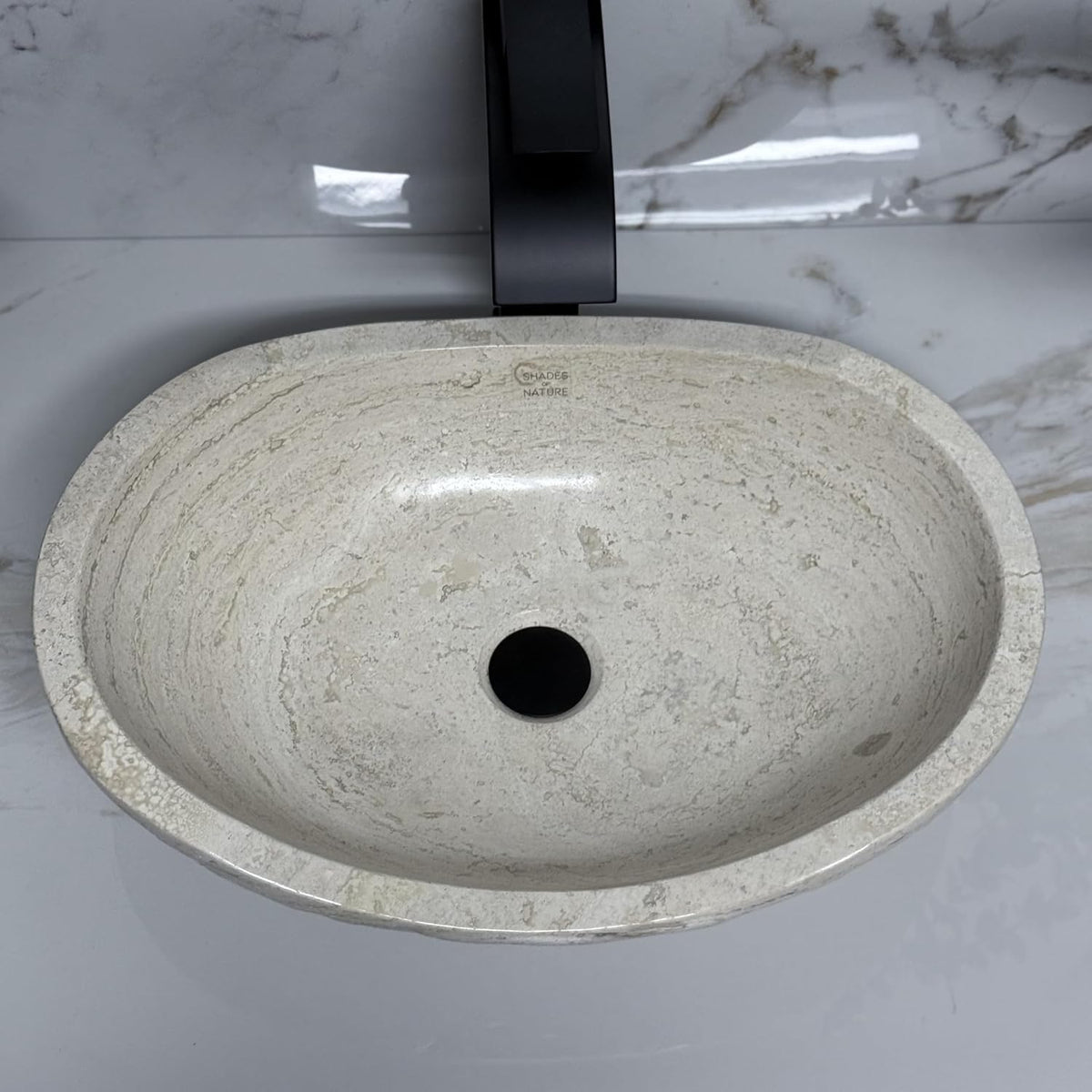 Oval Travertine Vessel Sink â Natural Stone Wash Basin, Hand-Carved Bathroom Sink with Chiseled Exterior & Polished Interior, Above Counter Vanity Basin (Includes Matching Soap Tray)