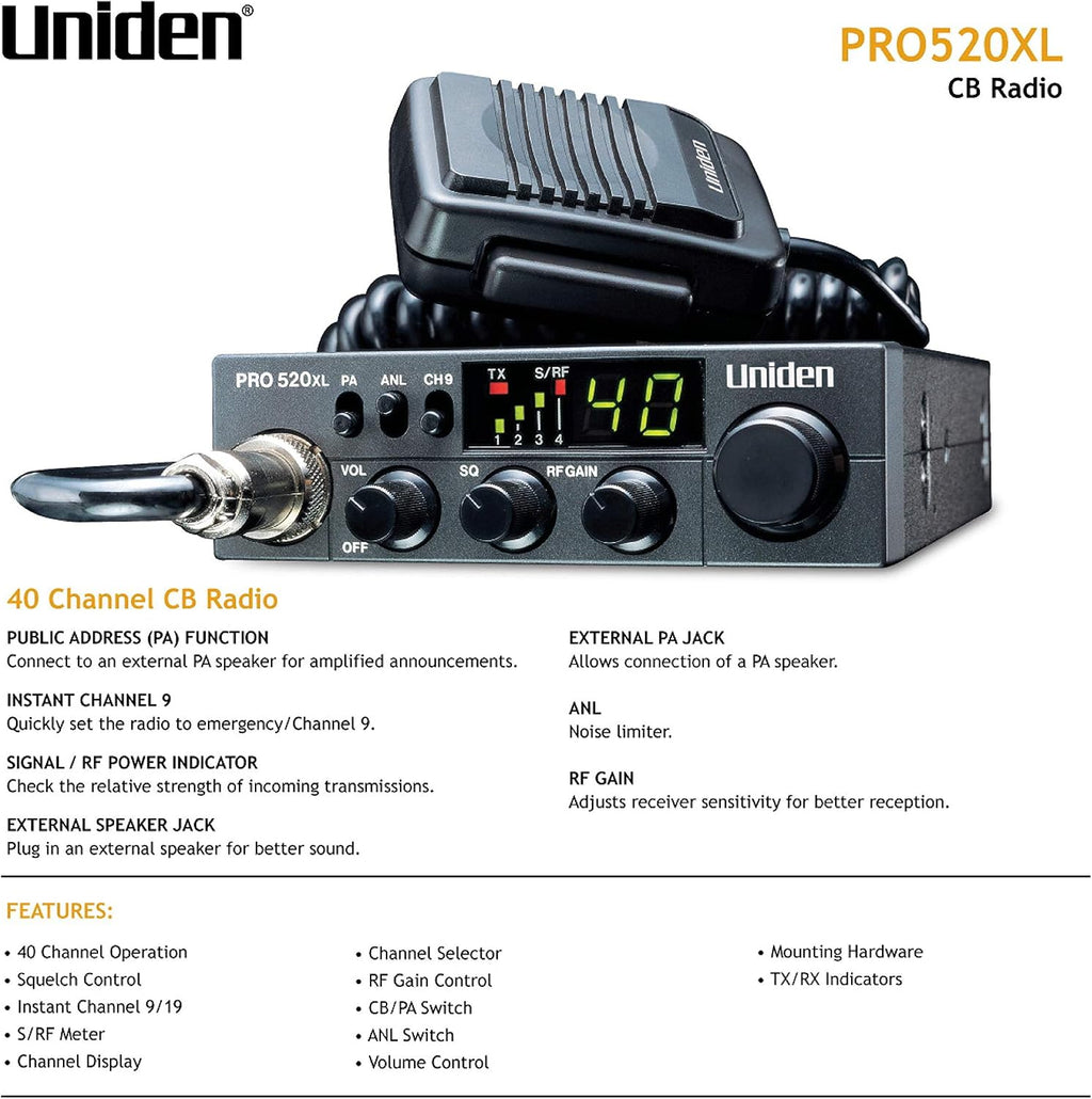 Uniden PRO520XL Pro Series 40-Channel CB Radio + RoadPro RPPS-220 Platinum Series 12V 3-Pin Plug Fused Replacement CB Power Cord