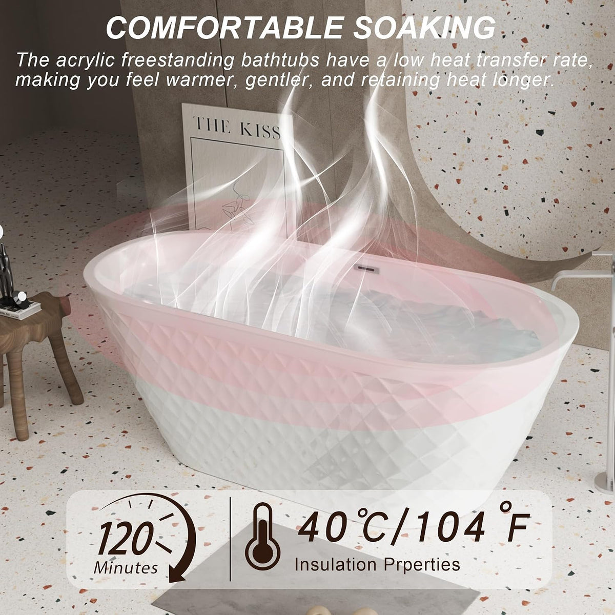 GDFStudio 67" Acrylic Freestanding Bathtub with Diamond Pattern, Modern Oval Soaking Tub, Freestanding Bath Spa Tub, Brushed Nickel Overflow & Pop-Up Drain, cUPC Certified, Glossy White