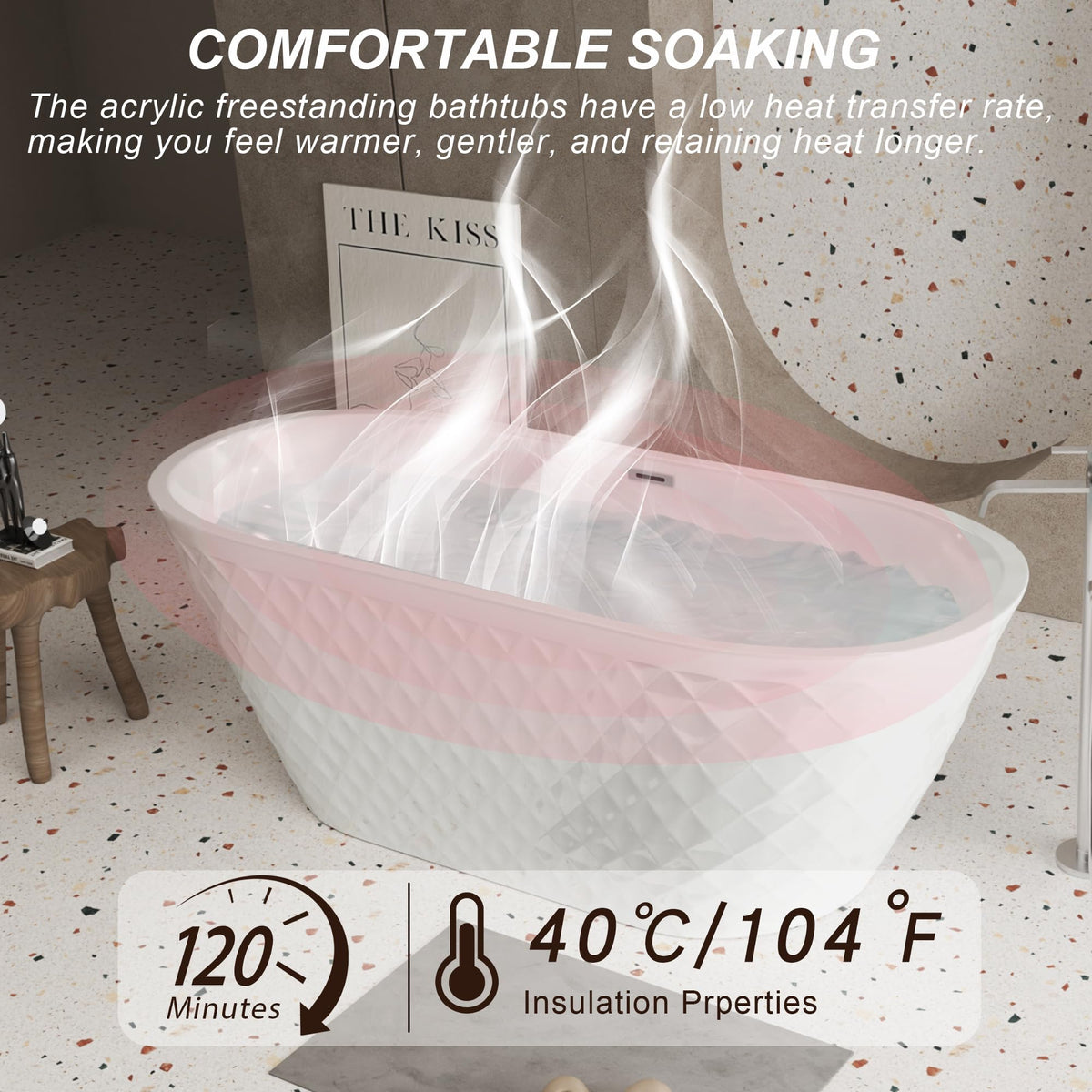 GDFStudio 67" Acrylic Freestanding Bathtub with Diamond Pattern, Modern Oval Soaking Tub, Freestanding Bath Spa Tub, Brushed Nickel Overflow & Pop-Up Drain, cUPC Certified, Glossy White