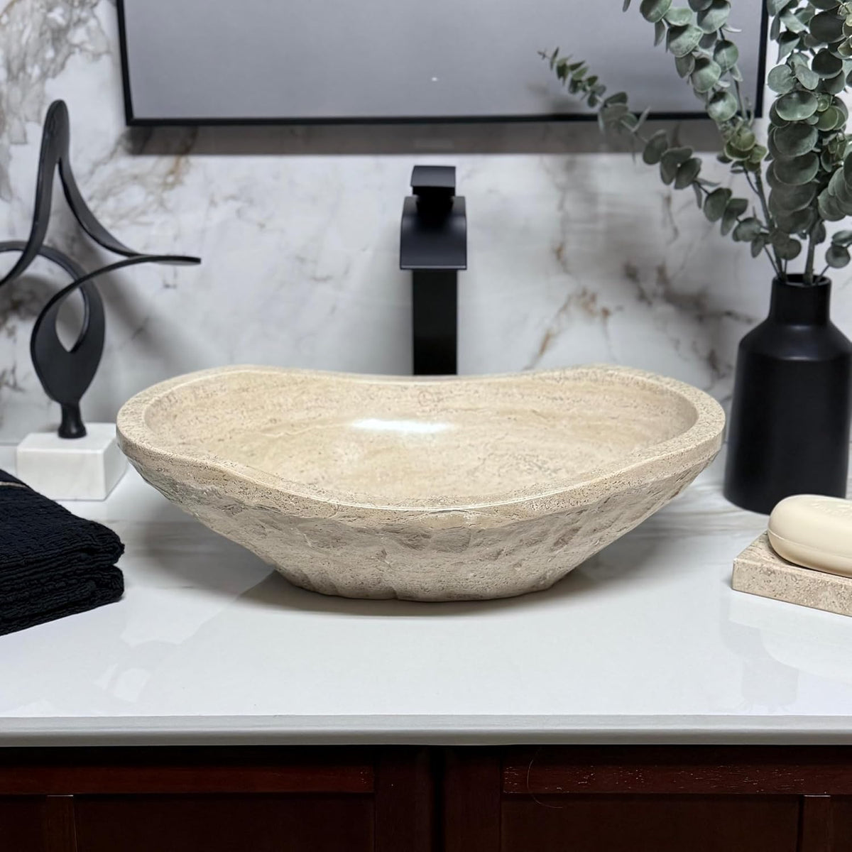 Oval Travertine Vessel Sink â Natural Stone Wash Basin, Hand-Carved Bathroom Sink with Chiseled Exterior & Polished Interior, Above Counter Vanity Basin (Includes Matching Soap Tray)
