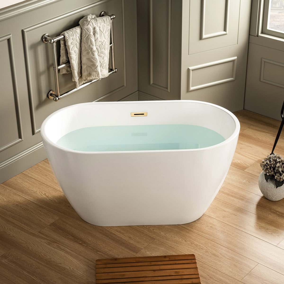 WOODBRIDGE 48" Acrylic Freestanding Bathtub Contemporary Soaking Tub, White Acrylic(Brushed Nickel Drain/Overflow),BTA1703-B/N-Drain&O