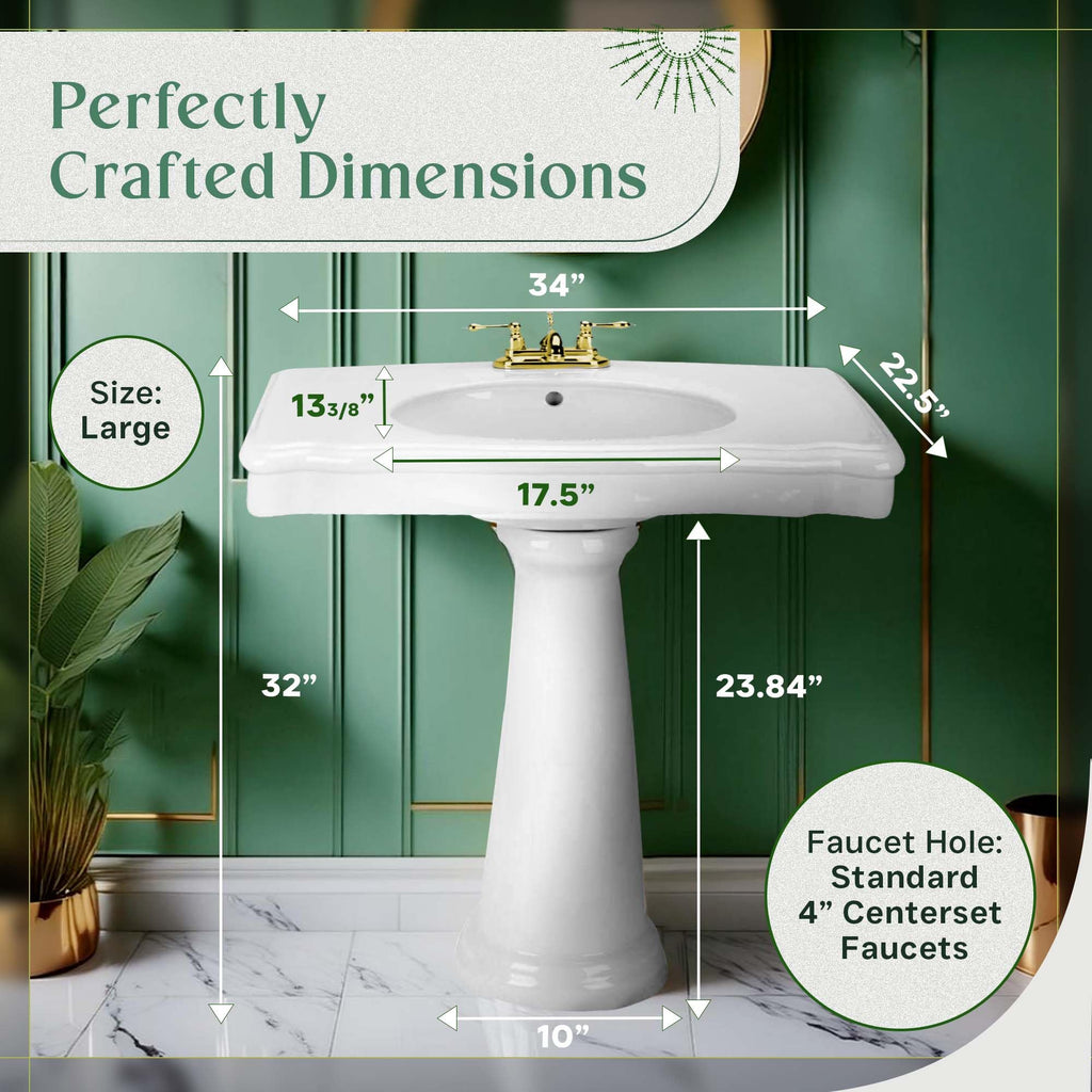 Renovators Supply Manufacturing Ondine Space Saving 16" W x 33" H x 14.5" Proj. Small Bathroom Pedestal Sink, Vitreous China, with Overflow, Compatible with 4 in. Centerset Faucets