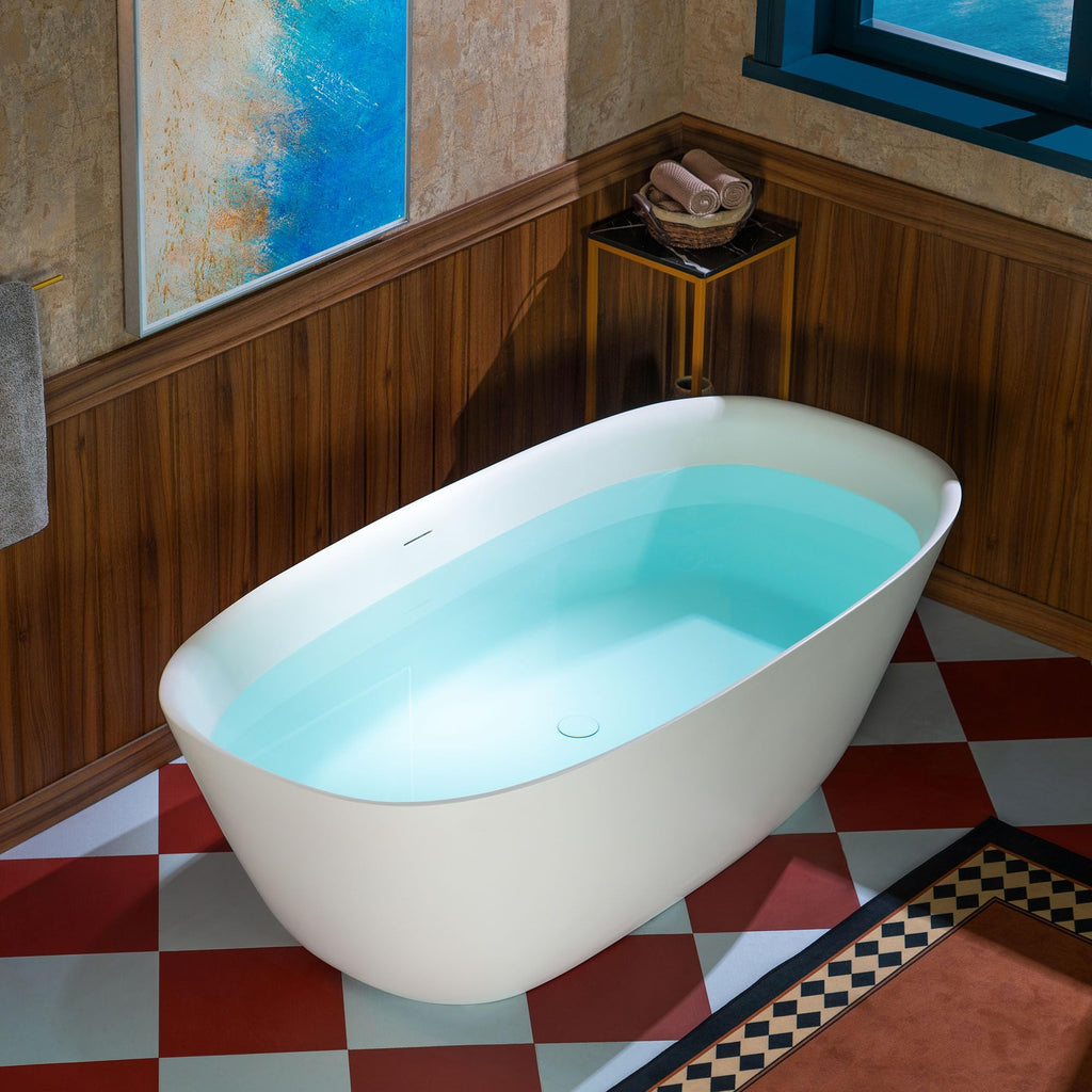 WOODBRIDGE 55 in. x 31.5 in. Stone Resin Luxury Contemporary Solid Surface Freestanding Bathtub in Matte White