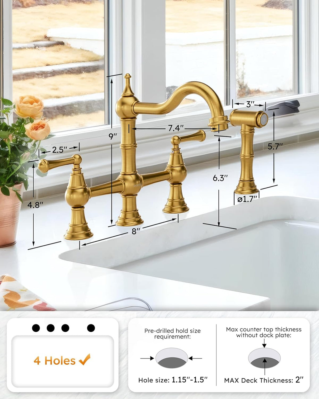 WOWOW Brass Bridge Kitchen Faucet 4 Hole with Side Sprayer, Brushed Gold
