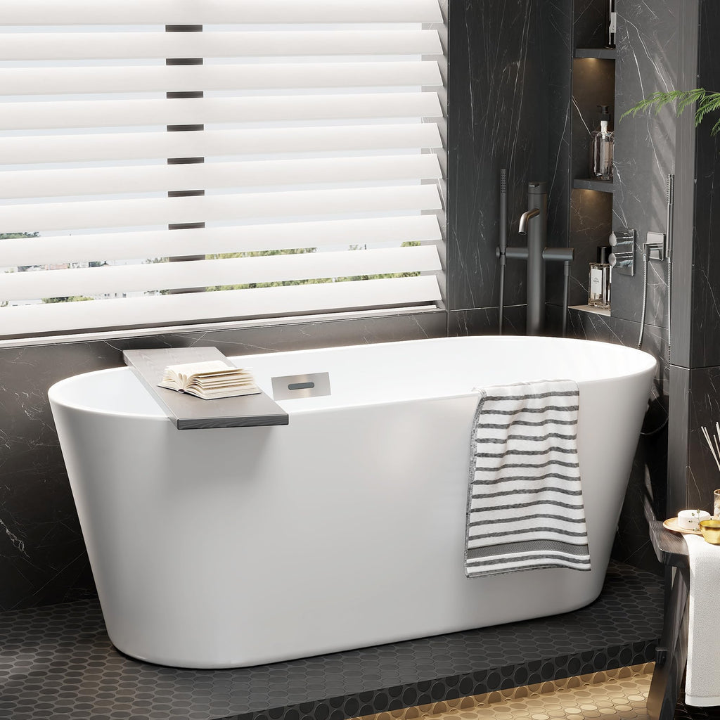 59 Inch Freestanding Bathtubs, White Acrylic Free Standing Bathtub, Modern Soaking Tub with Integrated Overflow & Chrome Drain for Bathroom Remodel