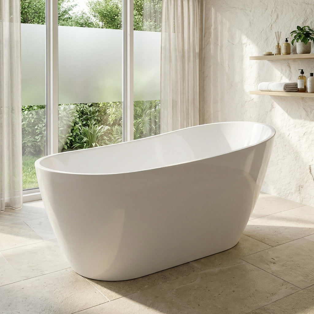59" Acrylic Freestanding Soaking Bathtub, Deep Ergonomic Design with Lumbar Support, Integrated Overflow Drain, Non-Slip Base,cUPC Certified Modern Bathroom Tub, Easy Installation for Bathroom