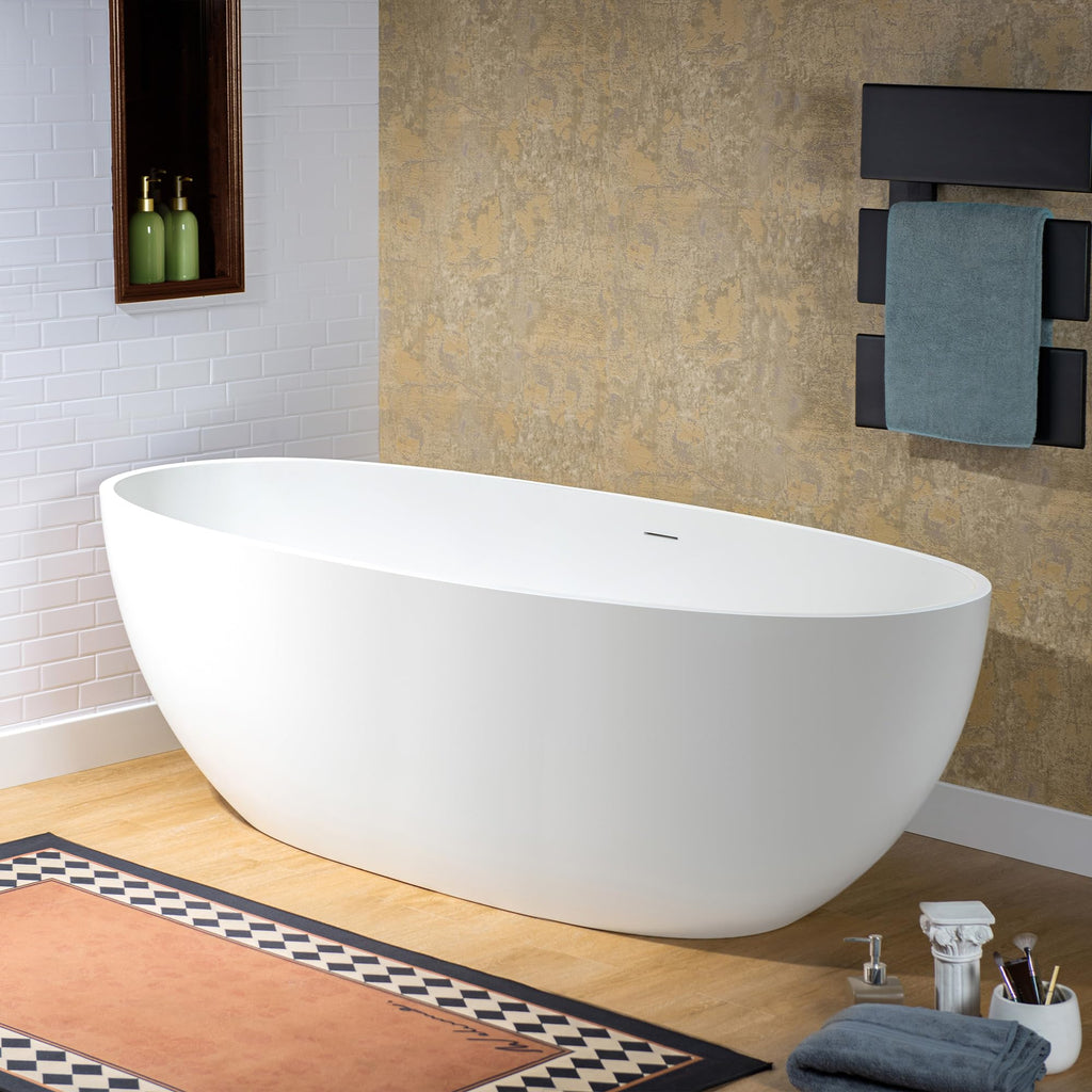 WOODBRIDGE 61" Stone Resin Freestanding Soaking Tub, Modern Oval Solid Surface Bathtub with Integrated Slotted Overflow & Drain, Matte White
