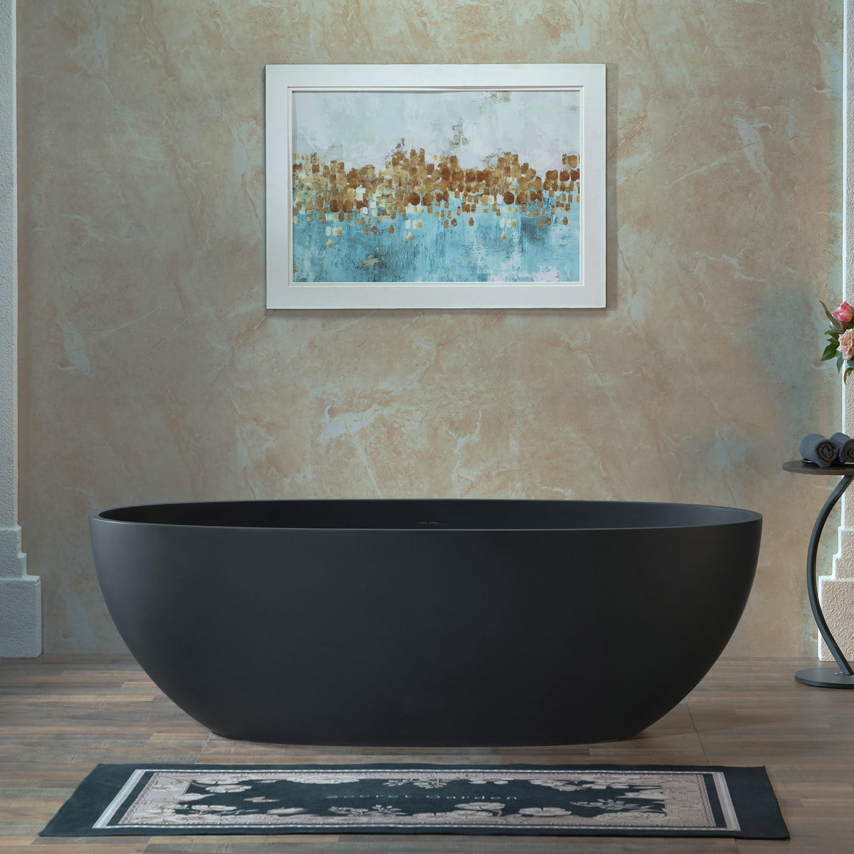 WOODBRIDGE 61" Stone Resin Freestanding Soaking Tub, Modern Oval Solid Surface Bathtub with Integrated Slotted Overflow & Drain, Matte White