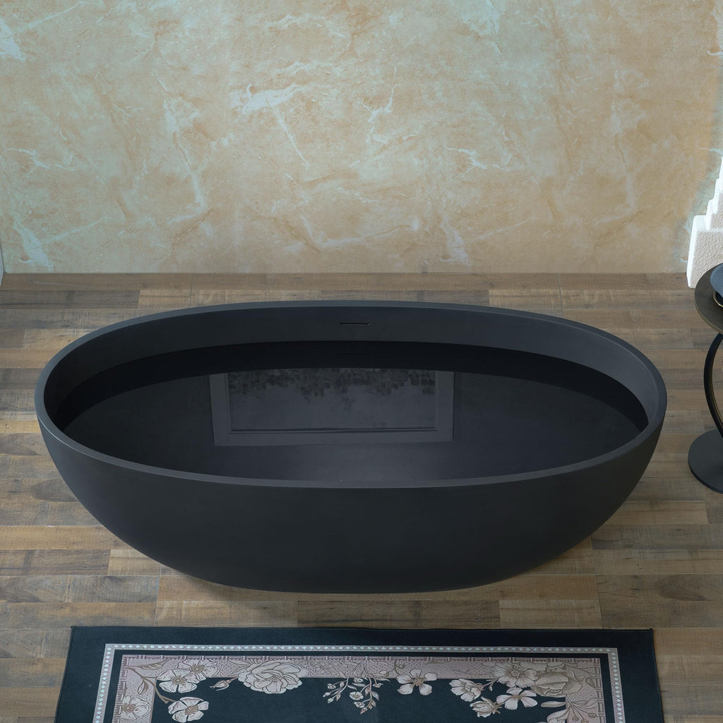WOODBRIDGE 61" Stone Resin Freestanding Soaking Tub, Modern Oval Solid Surface Bathtub with Integrated Slotted Overflow & Drain, Matte White