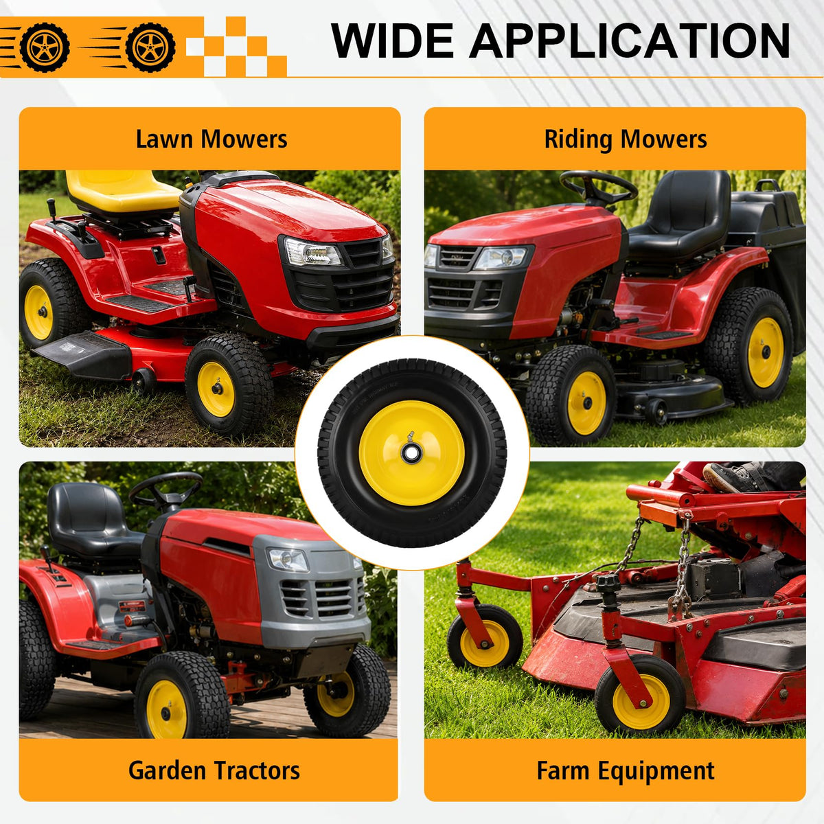 2 Pack 15x6.00-6 Flat Free Lawn Mower Tire and Wheel, 15" Solid Front Tires with 3" Centered Hub, 3/4" & 5/8" Bearings and 1" Bushings, Compatible with John Deere Husqvarna Riding Mowers Lawn Tractors