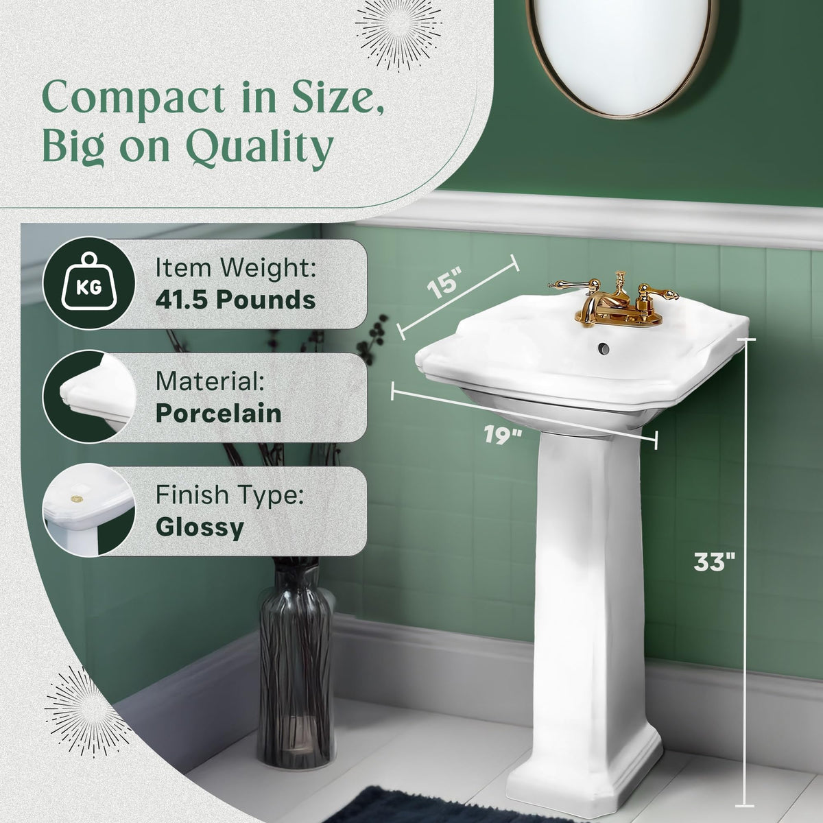 Renovators Supply Manufacturing Ondine Space Saving 16" W x 33" H x 14.5" Proj. Small Bathroom Pedestal Sink, Vitreous China, with Overflow, Compatible with 4 in. Centerset Faucets