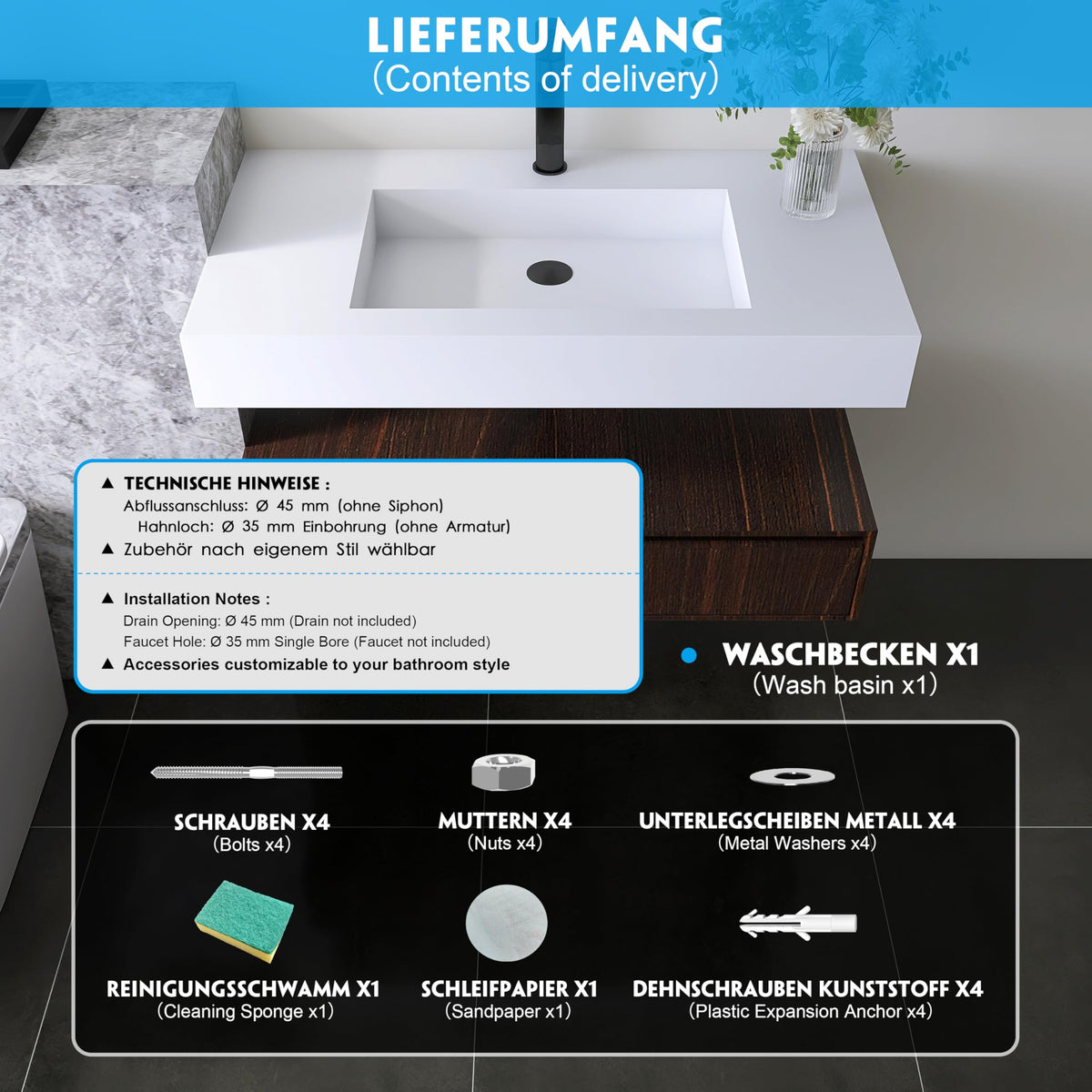 47" Wall Mount Sink, Artificial Stone Bathroom Sink, Single Hole
