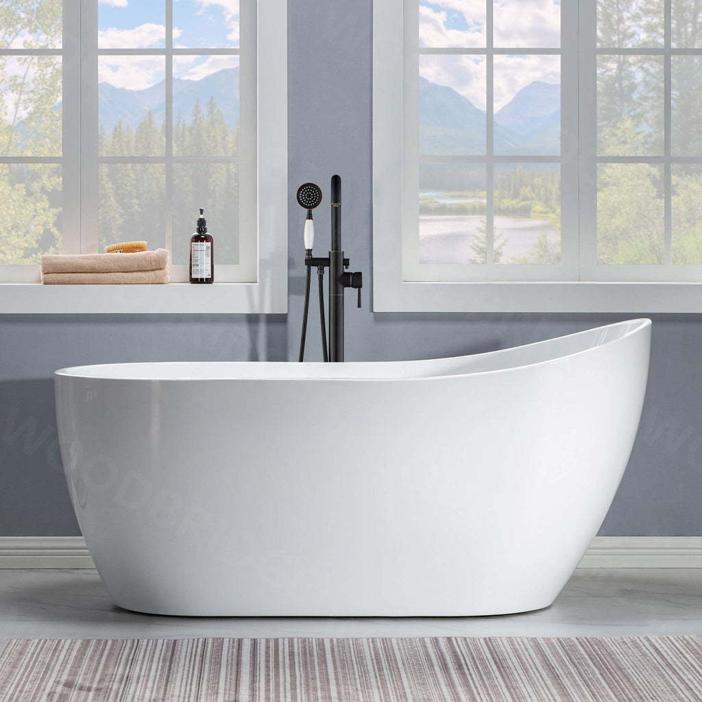 WOODBRIDGE 59" Acrylic Freestanding Bathtub Contemporary Soaking White Tub with Brushed Nickel Overflow and Drainï¼B-1530 -B/N-Drain &O