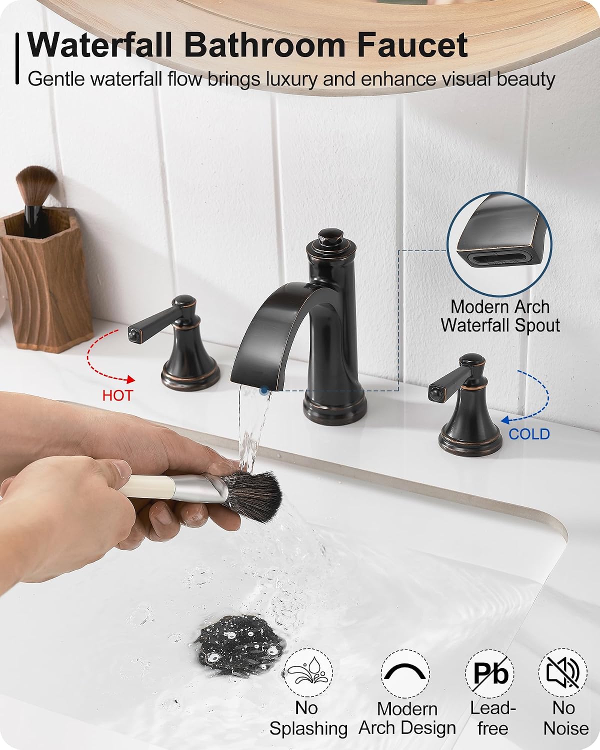 Waterfall Bathroom Faucet 3 Hole, 4-16 Inch Oil Rubbed Bronze Bathroom Faucet, Brass Bathroom Sink Faucet, 2 Handle Bathroom Faucets, Bathroom Vanity Faucet with Pop-Up Drain, Water Hoses