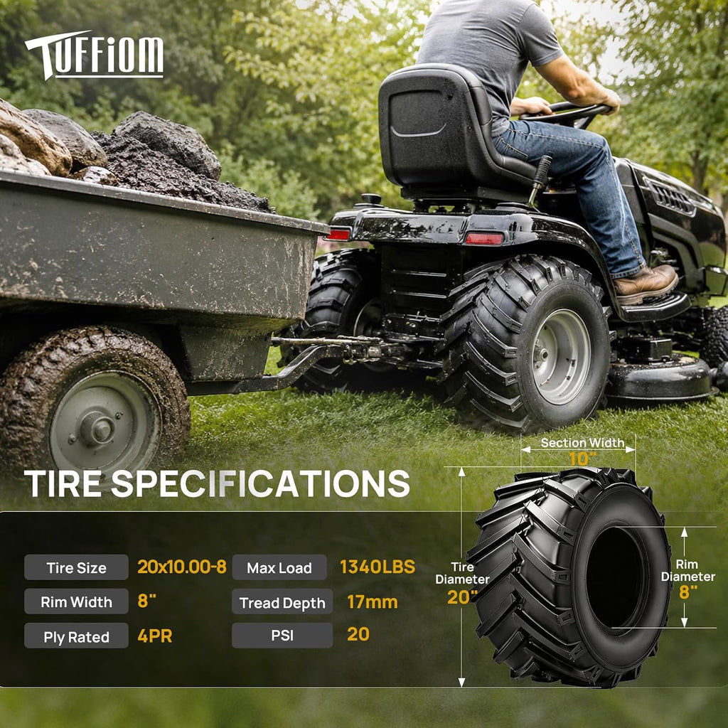 TUFFIOM 20x10.00-8 4PR Lawn Mower Tires Turf Tire Set of 2 for Garden Tractor Riding Lawnmower, Tubeless