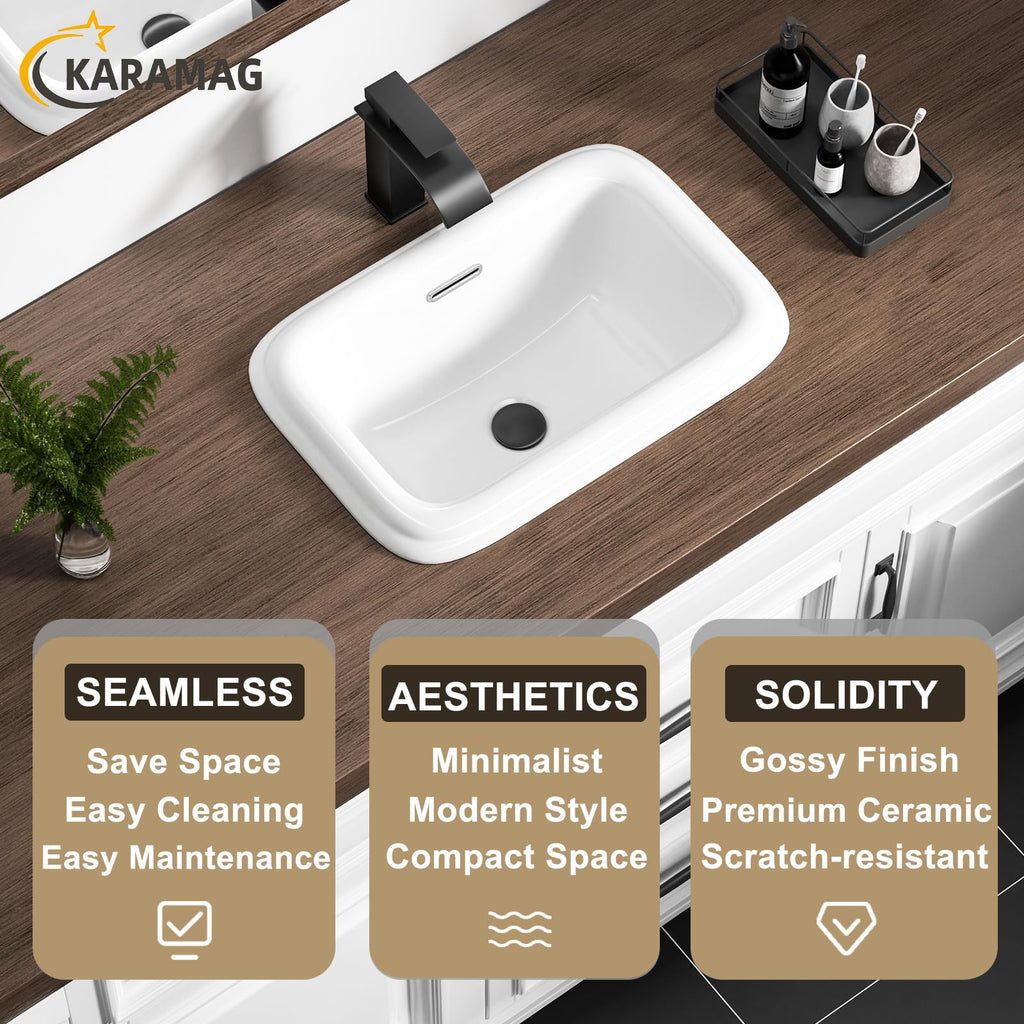 19 Inch Drop In Bathroom Vessel Sink with Overflow Rectangle White