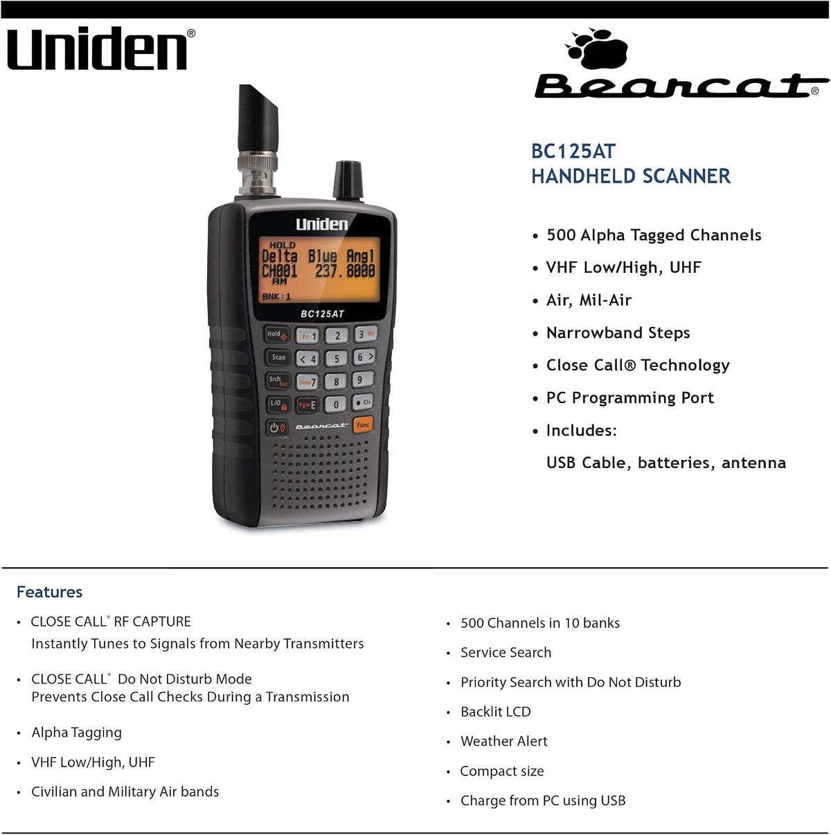 Uniden Bearcat BC125AT Handheld Scanner, 500-Alpha-Tagged Channels & JBL Tune 510BT: Wireless On-Ear Headphones with Purebass Sound - Black
