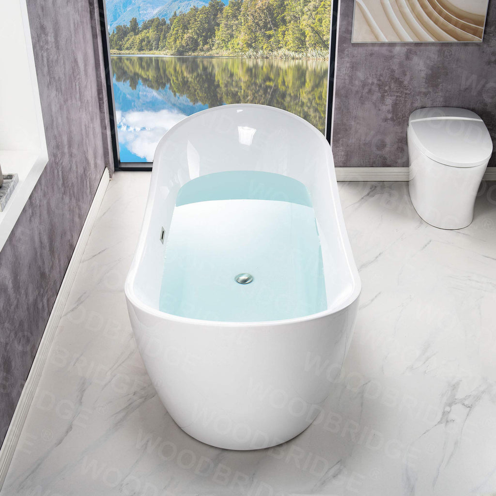 WOODBRIDGE 71" Acrylic Freestanding Bathtub Contemporary Soaking White Tub with Brushed Gold Overflow and Drain,B0017-BG