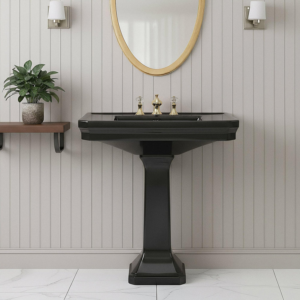 Renovators Supply Manufacturing Ondine Space Saving 16" W x 33" H x 14.5" Proj. Small Bathroom Pedestal Sink, Vitreous China, with Overflow, Compatible with 4 in. Centerset Faucets