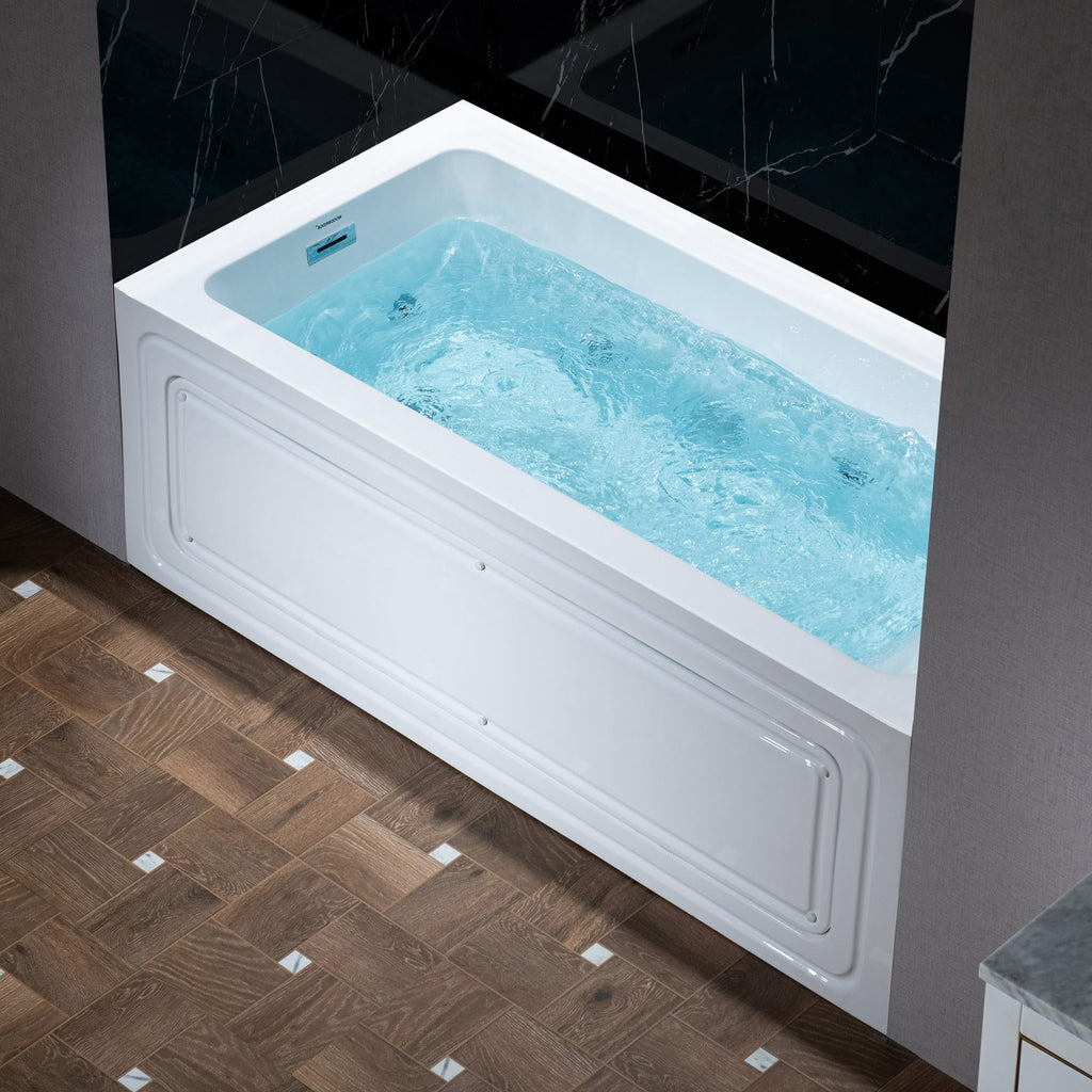 WOODBRIDGE 60" x 32" Alcove Acrylic Rectangular Whirlpool Heated Jetted Tub in White with Left Drain, Matte Black Finish, BS429-L-MB02