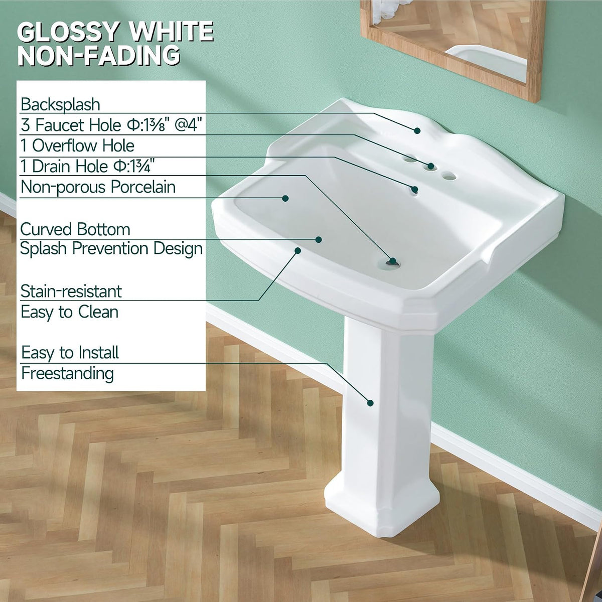 Miuara Freestanding 23 x19 Inch White Pedestal Sink 3 Hole for Bathroom