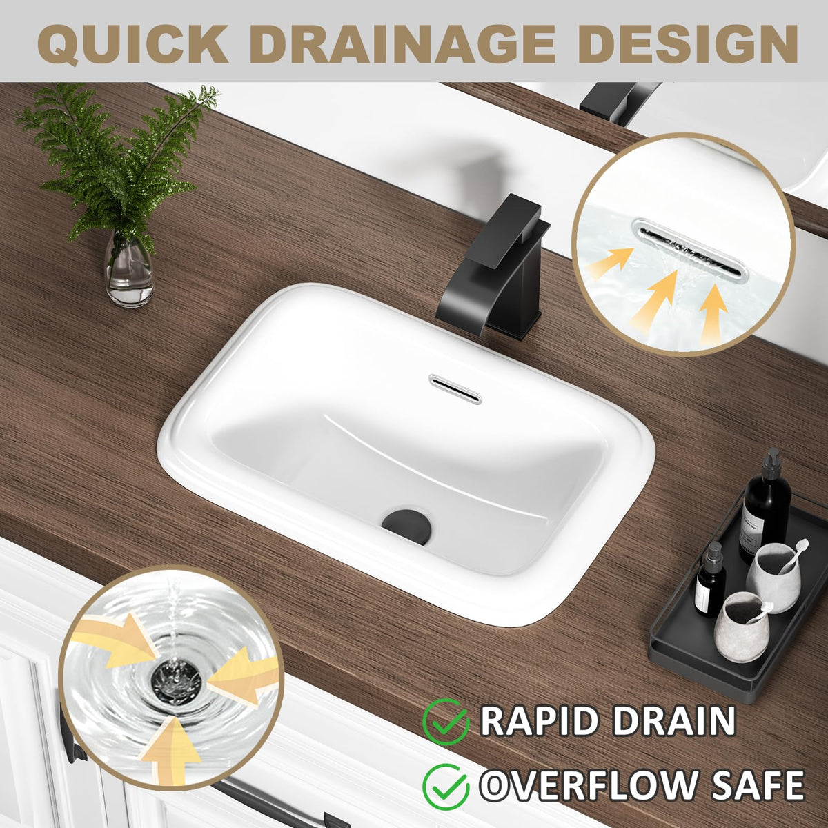 19 Inch Drop In Bathroom Vessel Sink with Overflow Rectangle White