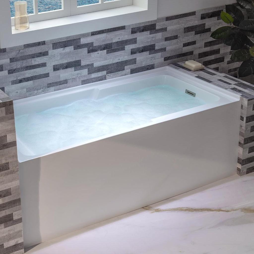 WOODBRIDGE 60" Acrylic Rectangular Alcove Soaking Bathtub in White with Right Drain, Brushed Nickel Pop-Up Drain Included BA6030R