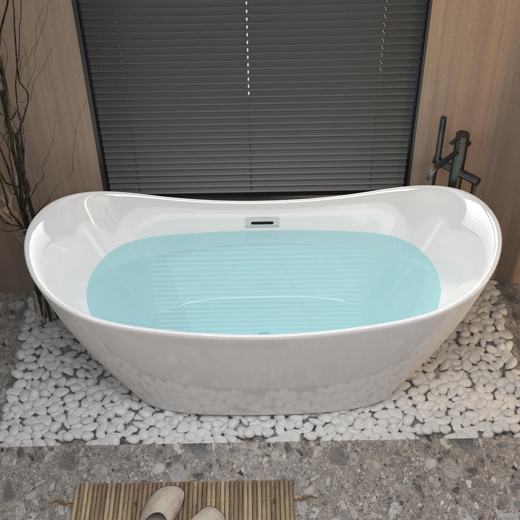 GDFStudio 67" Acrylic Freestanding Bathtub with Diamond Pattern, Modern Oval Soaking Tub, Freestanding Bath Spa Tub, Brushed Nickel Overflow & Pop-Up Drain, cUPC Certified, Glossy White